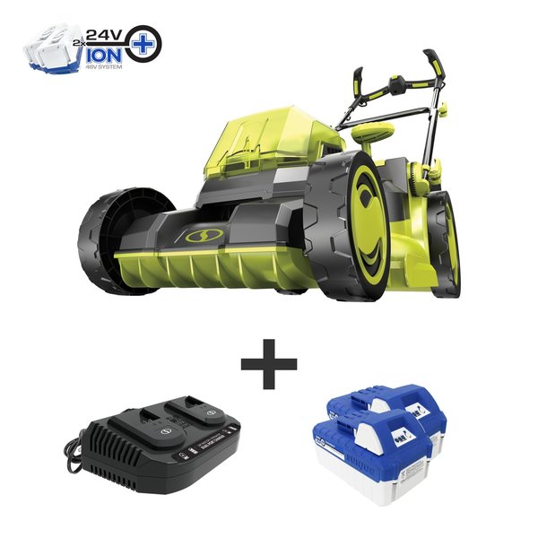 Sun Joe 48V, 16-In Cordless Lawn Mower, 2 x 24V 4.0Ah Batteries and Dual Charger 24V-X2-16LM